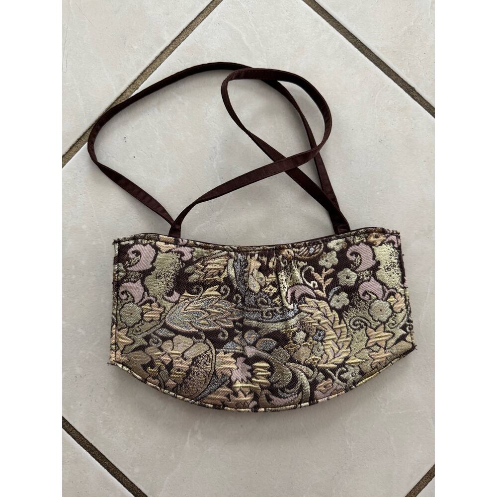 Victoria's Secret Small Tapestry Handbag Purse Brown Gold Silver Pink 9.5" x 5"